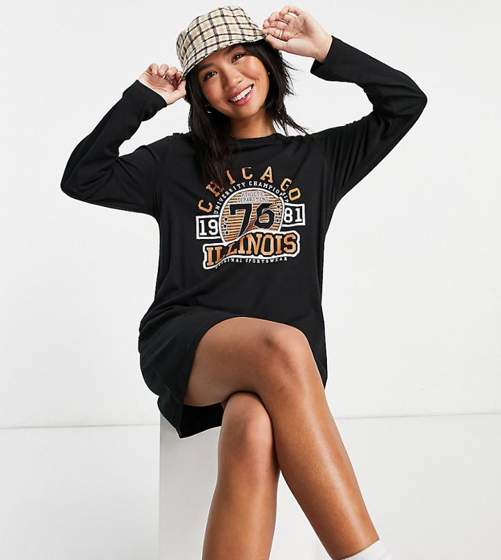 Noisy May Petite Long Sleeve T-shirt Dress With Chicago Collegiate Motif In Black