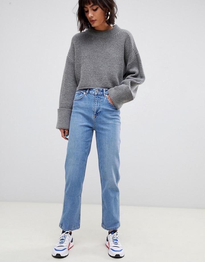 Asos Design Farleigh High Waisted Straight Leg Jeans In Stone Wash Blue