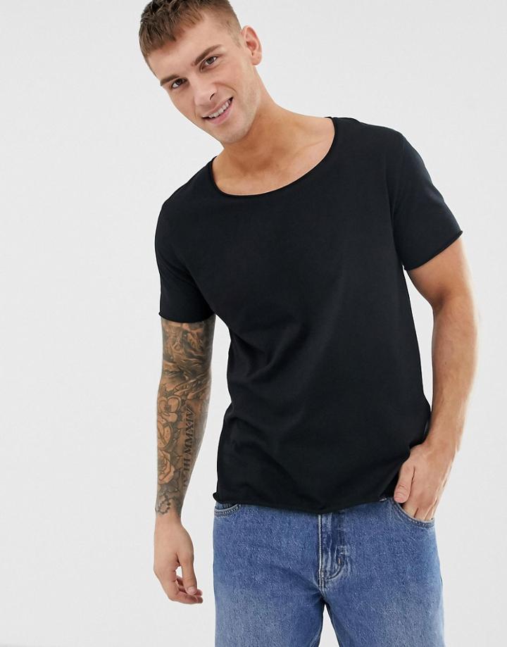 Asos Design Relaxed Raw Edge Scoop Neck T-shirt In Black - Black
