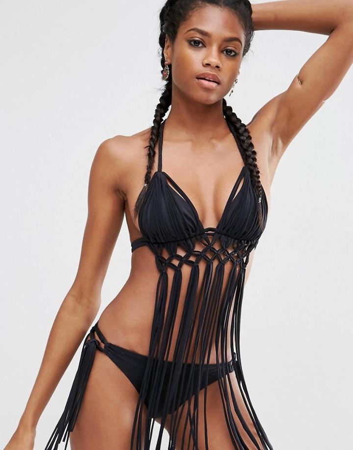 Asos Macrame Fringed Triangle Bikini Top - Black