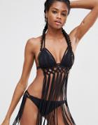 Asos Macrame Fringed Triangle Bikini Top - Black