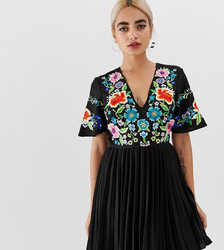Asos Design Petite Pleated Embroidered Mini Dress-black