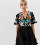 Asos Design Petite Pleated Embroidered Mini Dress-black