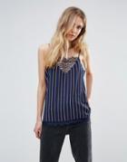Ichi Lace Insert Cami In Stripe - Navy