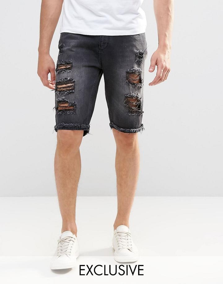 Brooklyn Supply Co Slim Denim Shorts Extreme Rips In Washed Black - Washed Black