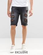 Brooklyn Supply Co Slim Denim Shorts Extreme Rips In Washed Black - Washed Black