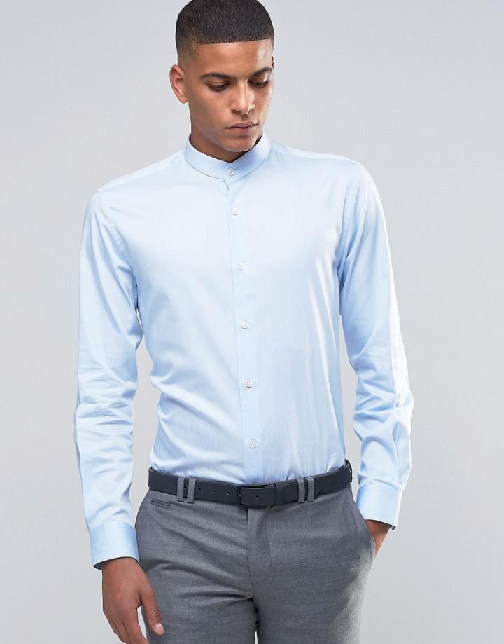Number Eight Savile Row Skinny Grandad Shirt With Stripe - Blue