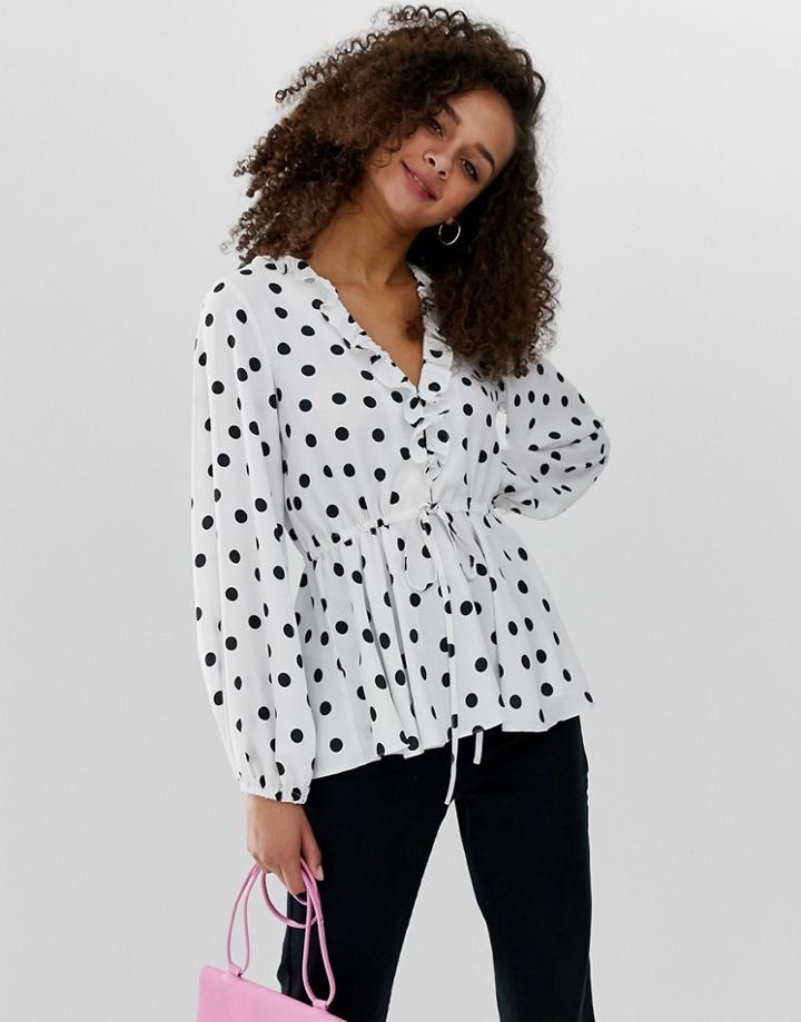 Asos Design Long Sleeve V Neck Ruffle Front Tea Blouse With Tie Waist In Print - Multi