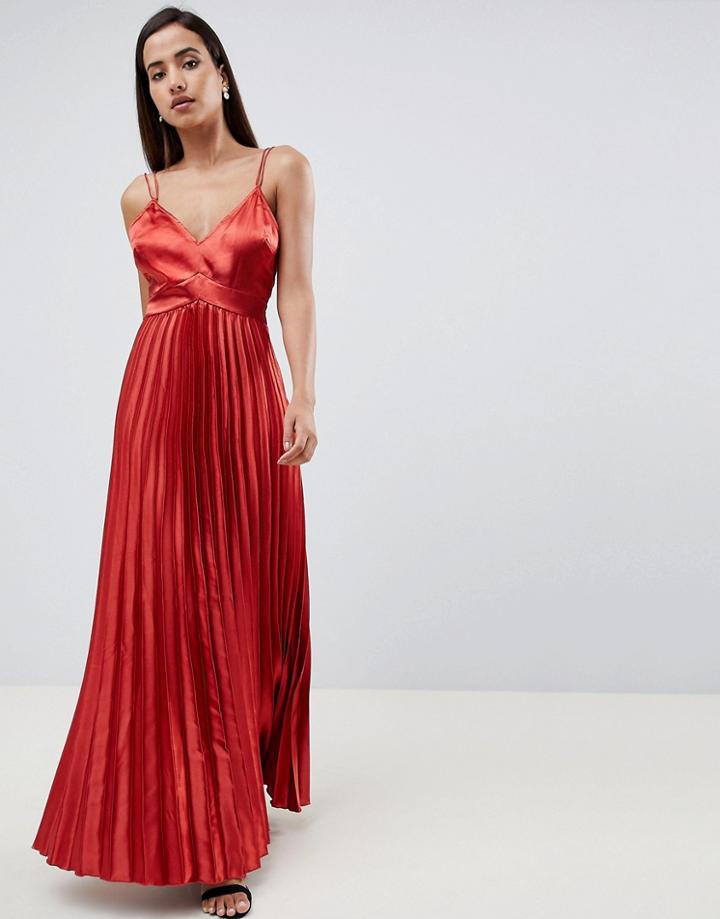 Asos Design Cami Pleated Satin Maxi Dress-orange