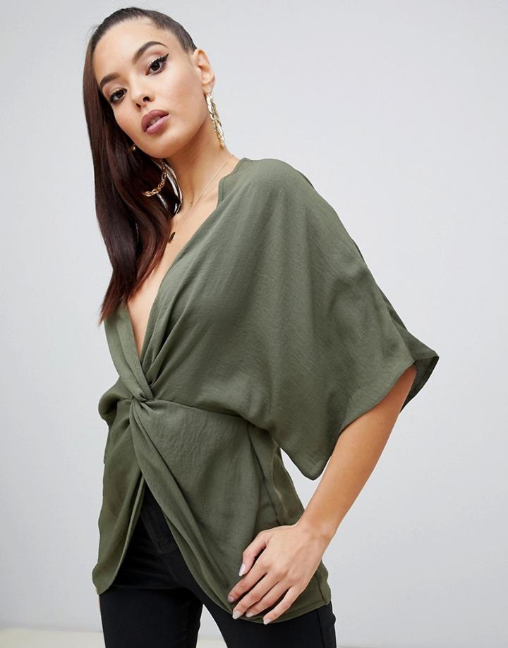 Asos Design Knot Front Top With Kimono Sleeve-green