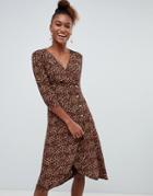 Monki Leopard Print Wrap Dress With Buttons In Brown - Brown