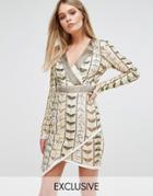 Starlet Plunge Front Mini Dress With Wrap Skirt In All Over Embellishment - Gold