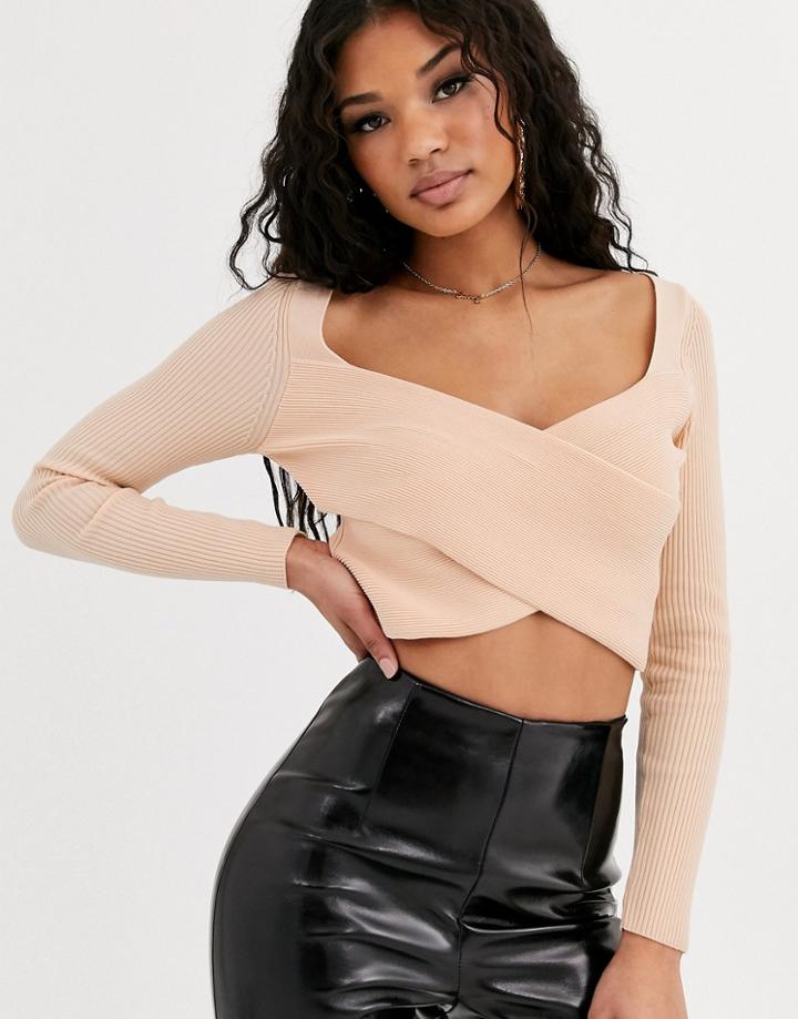 Asos Design Long Sleeve Structured Knit Ripple Crop Top-cream