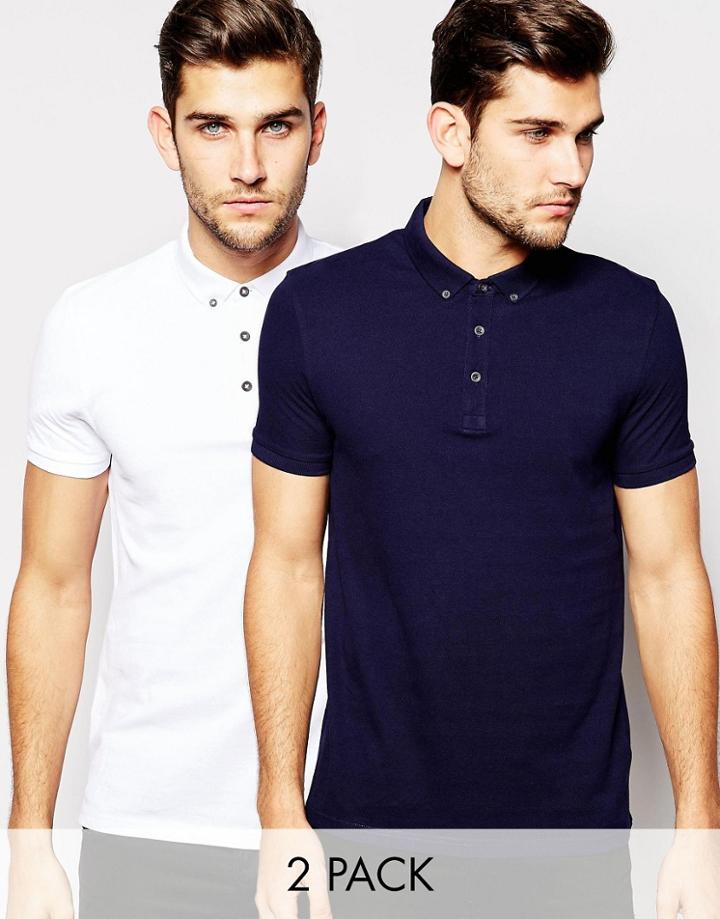 Asos Pique Polo 2 Pack In Navy And White Save 17%