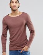 Asos Rib Extreme Muscle Long Sleeve T-shirt With Boat Neck In Brown - Brown