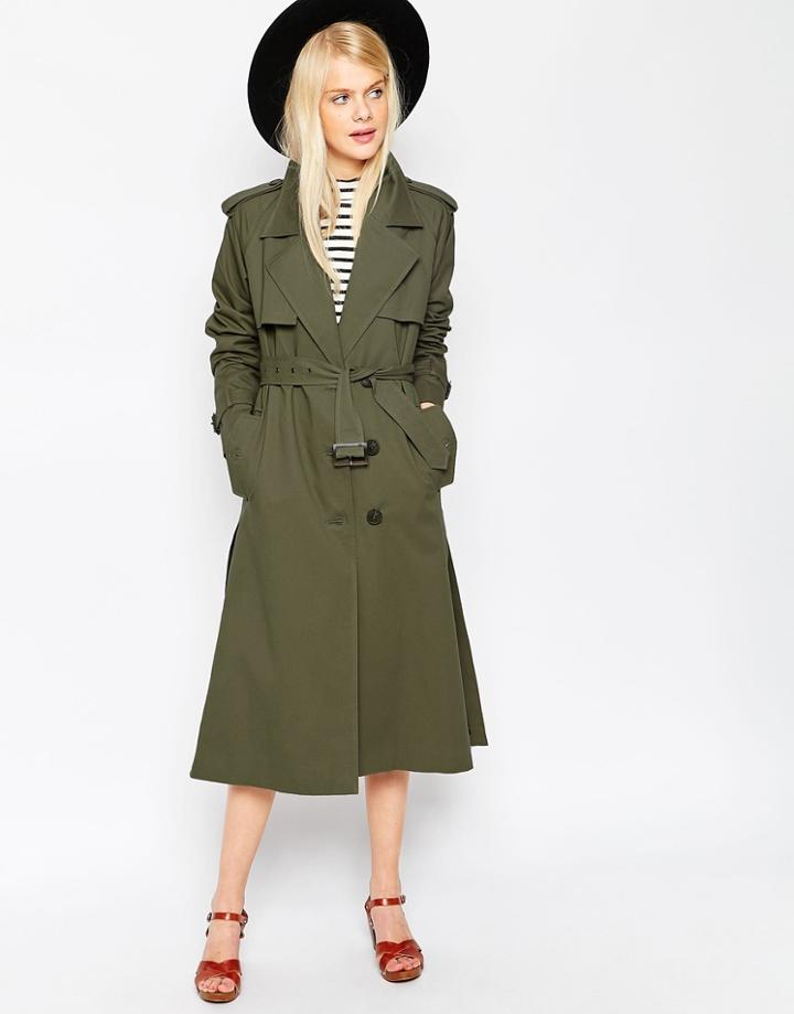 Asos Trench In Midi Length With Pocket Detail - Khaki