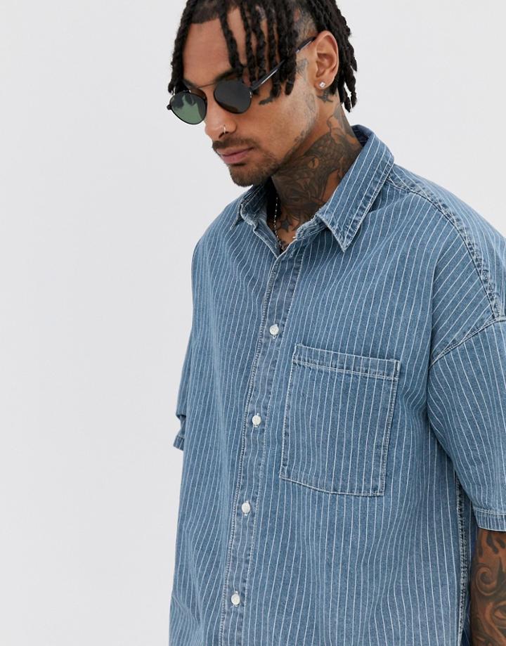 Bershka Oversized Striped Denim Shirt Two-piece-blue