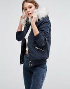 New Look Hooded Faux Fur Bomber - Navy