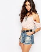 Rokoko Cold Shoulder Ruffle Crop Top - Nude Pink