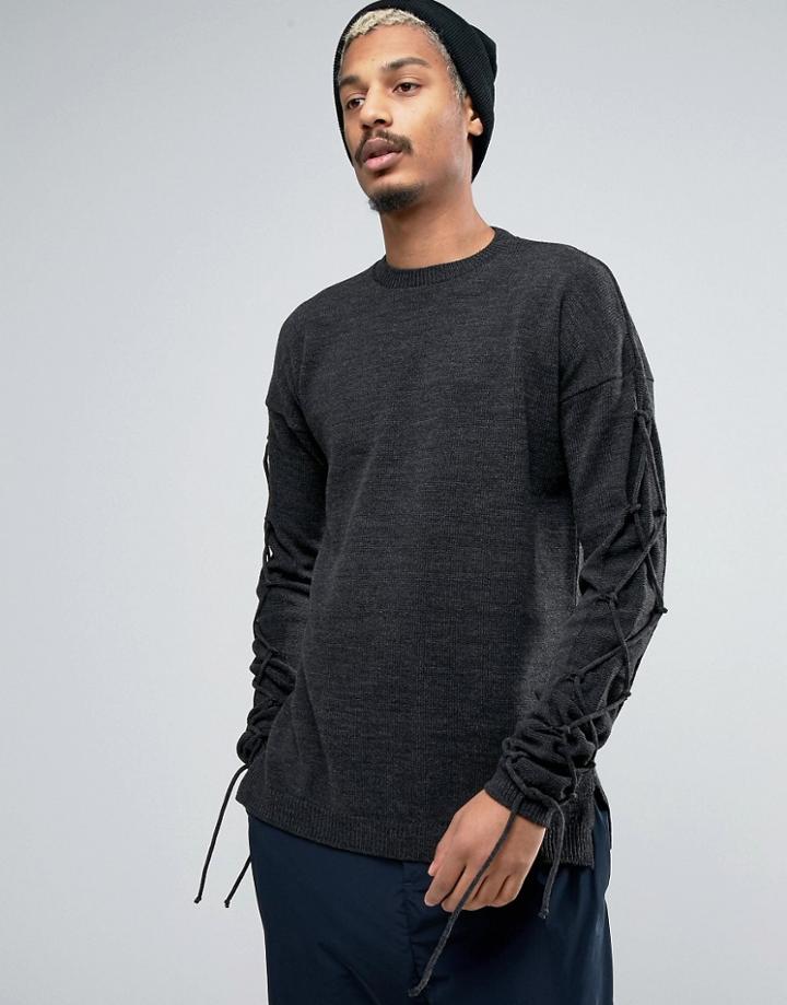 Asos Relaxed Fit Sweater With Lace Up Sleeves - Gray