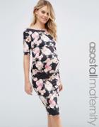 Asos Maternity Tall Bardot Dress With Half Sleeve In Pink Floral Print - Multi