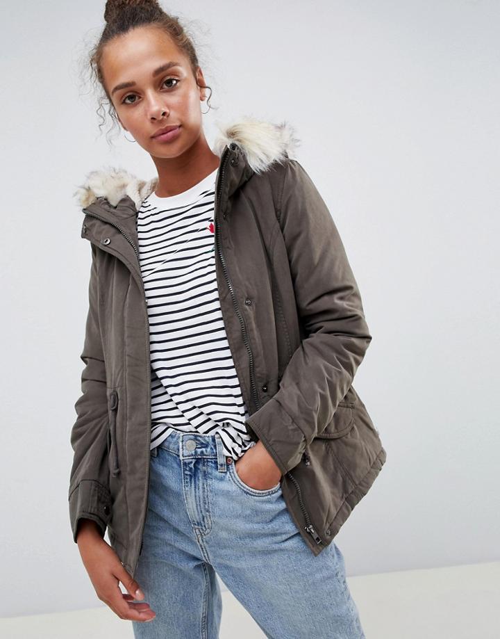 Only Leonora Longline Parka Coat With Faux Fur Trim - Green