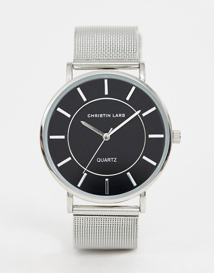 Christian Lars Mens Silver Mesh Watch With Black Dial - Silver