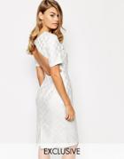 True Violet Textured Midi Pencil Dress With Open Back - Cream