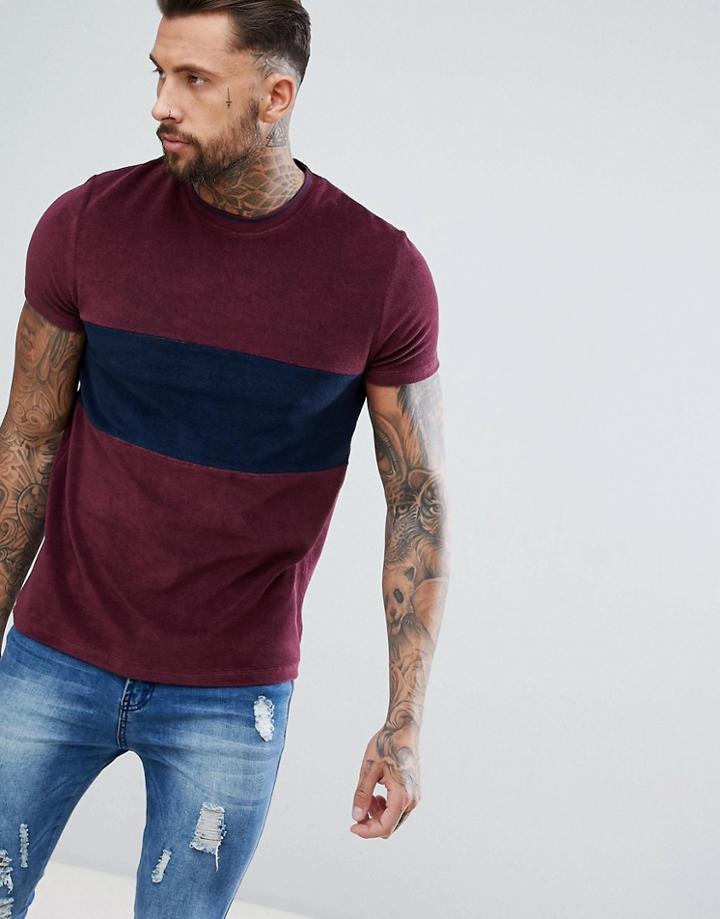 Asos Design T-shirt In Towelling With Contrast Panel And Tipping - Red