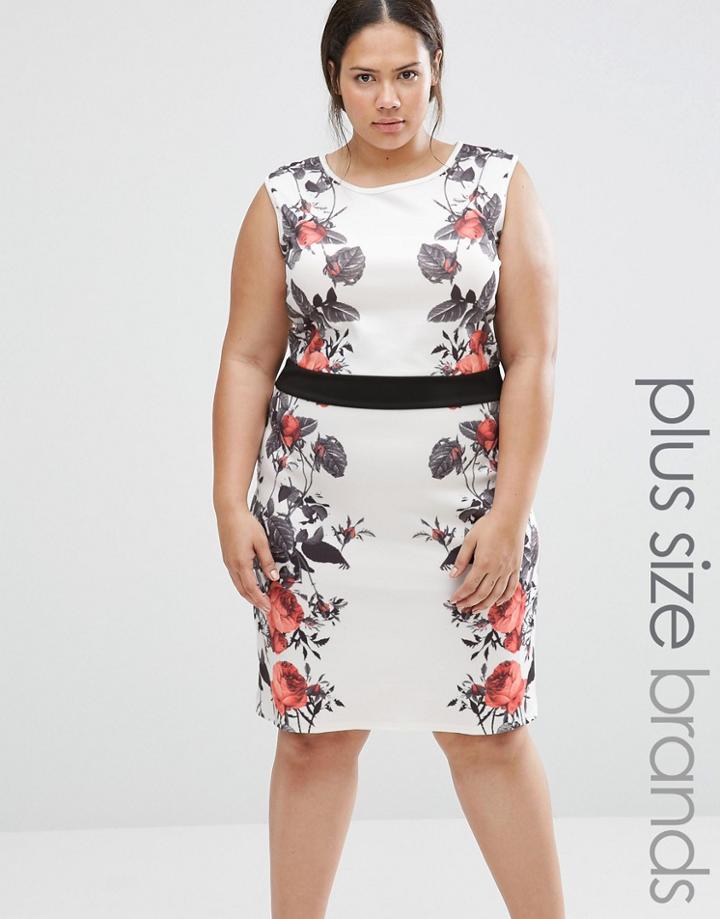 Praslin Plus Illusion Pencil Dress With Floral Panels - White