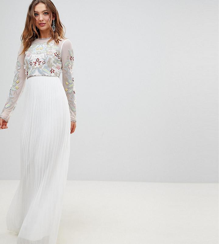 Frock And Frill Premium 3d Applique Top Maxi Dress With Pleated Skirt - White