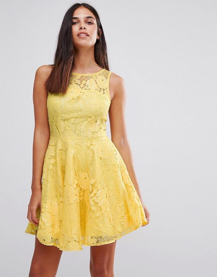 Ax Paris All Over Lace Skater Dress - Yellow