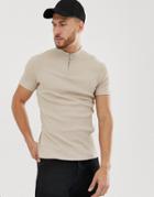 Asos Design Muscle Rib T-shirt With Stretch And Turtle Zip Neck In Beige