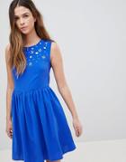 Qed London Skater Dress With Embelished Detail - Blue