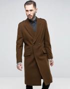 Asos Wool Mix Overcoat With Military Styling In Brown - Brown
