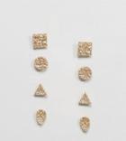 Asos Pack Of 4 Textured Shape Stud Earrings - Gold