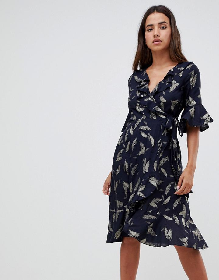 Closet London Wrap Ruffle Sleeve Dress - Navy