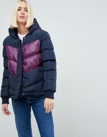 Brave Soul Marsell Retro Color Block Padded Coat - Navy