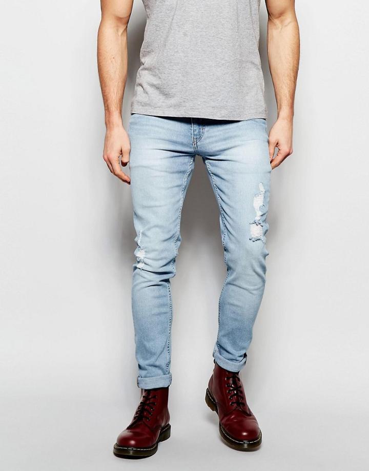Cheap Monday Jeans Tight Stretch Skinny Fit Brilliant Blue Knee And Thigh Rip Light Wash - Brilliant Blue