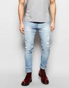 Cheap Monday Jeans Tight Stretch Skinny Fit Brilliant Blue Knee And Thigh Rip Light Wash - Brilliant Blue