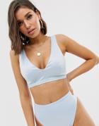 Asos Design Fuller Bust Mix And Match Shiny Bandage V Front Crop Bikini Top In Ice Blue Dd-g