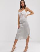 Missguided Satin Midi Skirt With Double Splits In Silver - Pink