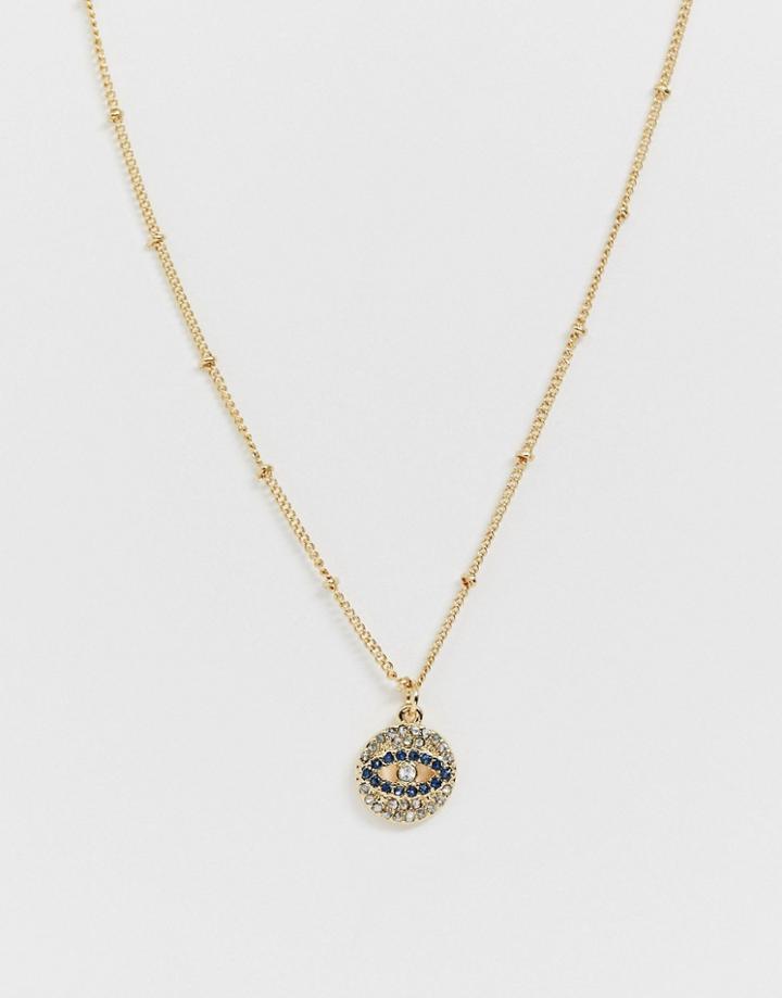 Asos Design Short Pendant Necklace With Rhinestone Eye Detail In Gold Tone