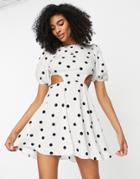 River Island Polka Dot Cut Out Mini Dress In White-black
