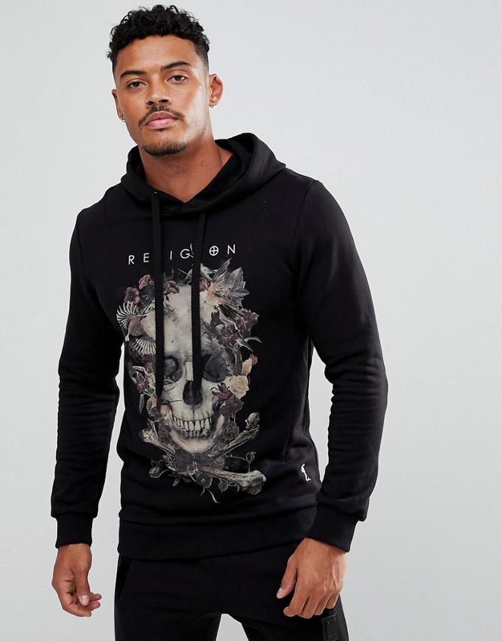 Religion Hoodie With Bird Skull Print - Black