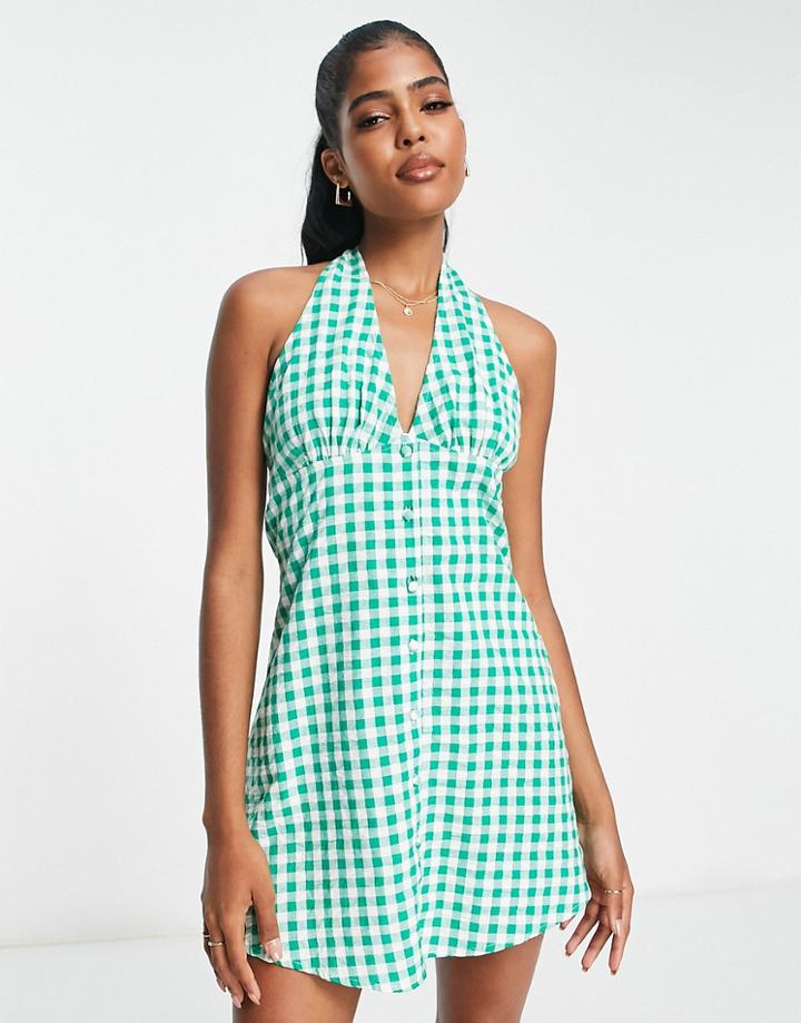Influence Halter Neck Mini Dress In Green Gingham Print