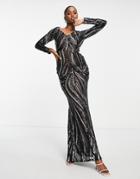 Goddiva Embroidered Off Shoulder Long Sleeved Maxi Dress In Black And Silver