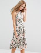Asos Structured Midi Dress In Bird And Floral Print - Multi