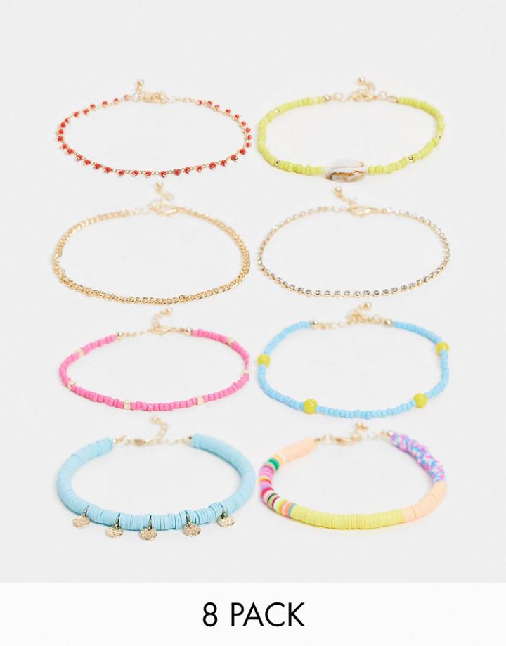 Asos Design 8-pack Anklets In Mixed Beaded Designs-multi