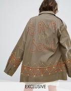Sacred Hawk Festival Oversized Military Jacket With Save Your Soul Embroidery - Green